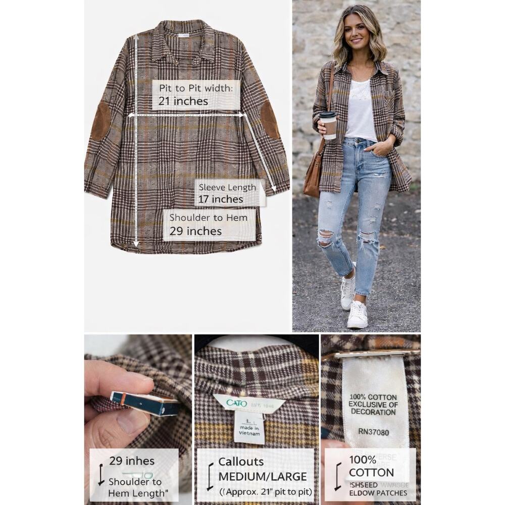 Cato Plaid Large Open Front Cardigan Jacket Elbow Patches Heritage Preppy Womens